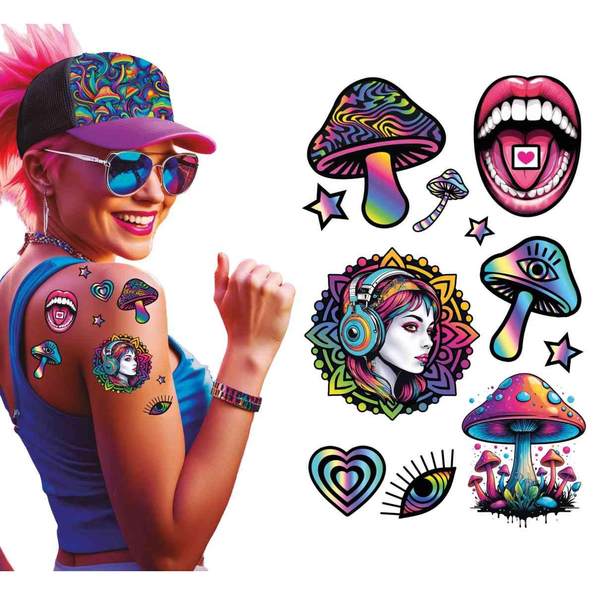 Tatuaggi rimovibili corpo psicodelico funghi multicolor