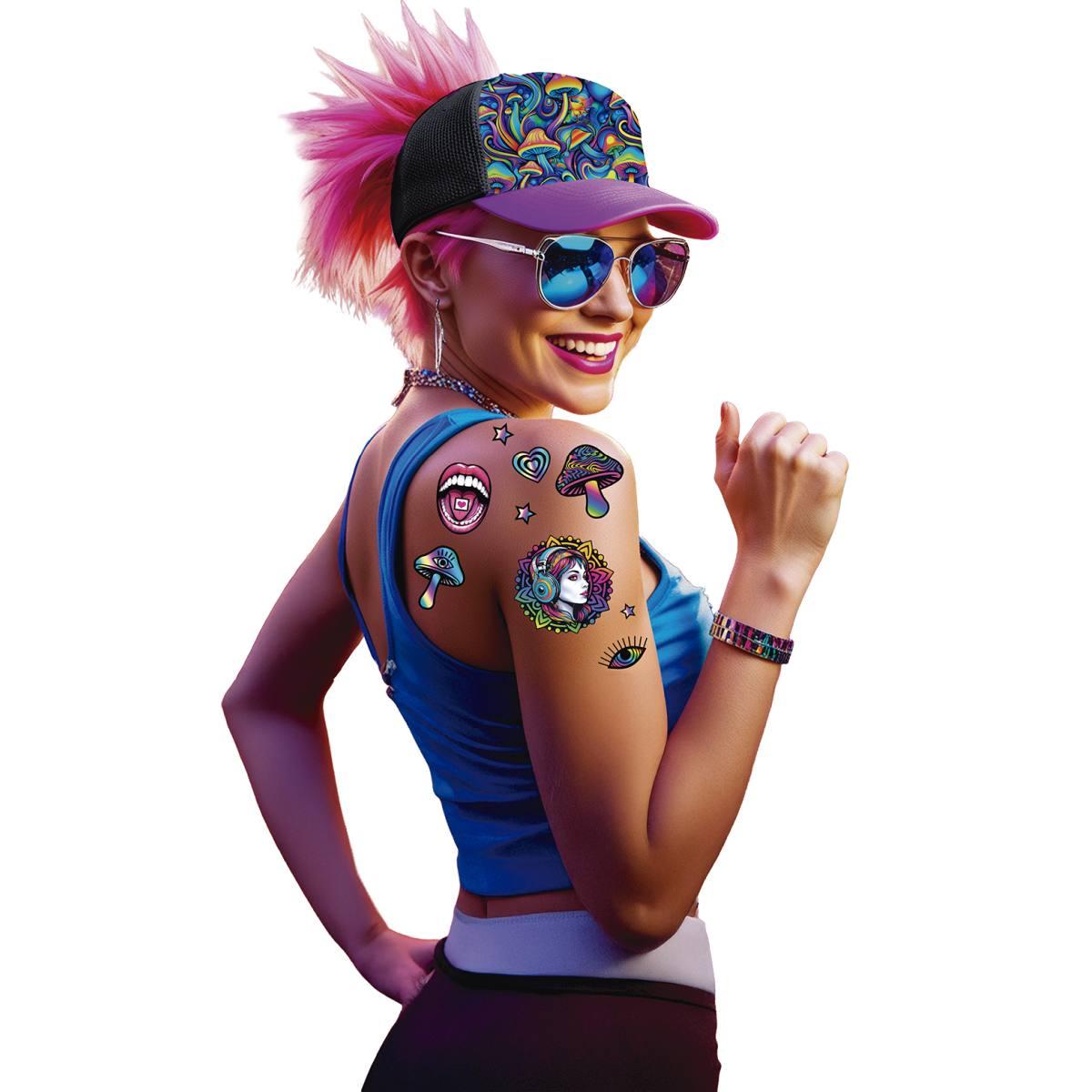 Tatuaggi rimovibili corpo psicodelico funghi multicolor