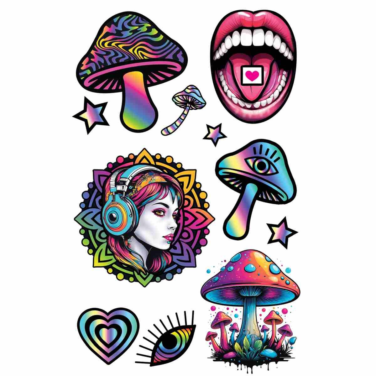 Tatuaggi rimovibili corpo psicodelico funghi multicolor