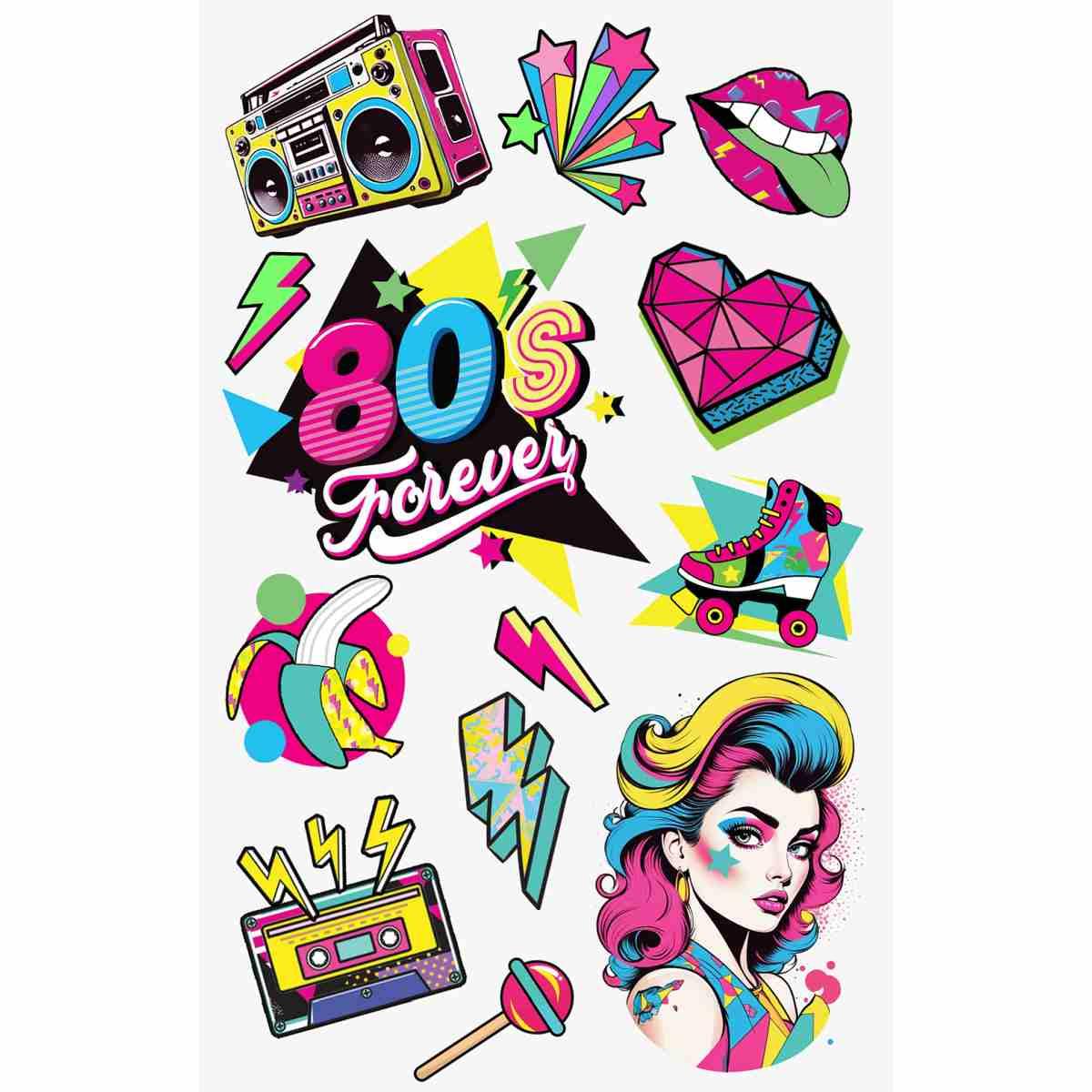 Tatuaggi rimovibili corpo pop anni 80 multicolor