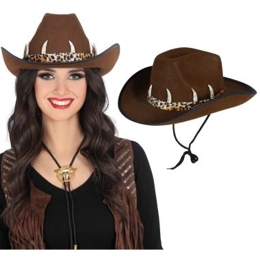 Cappello cowboy feltro marrone cordincino ossa