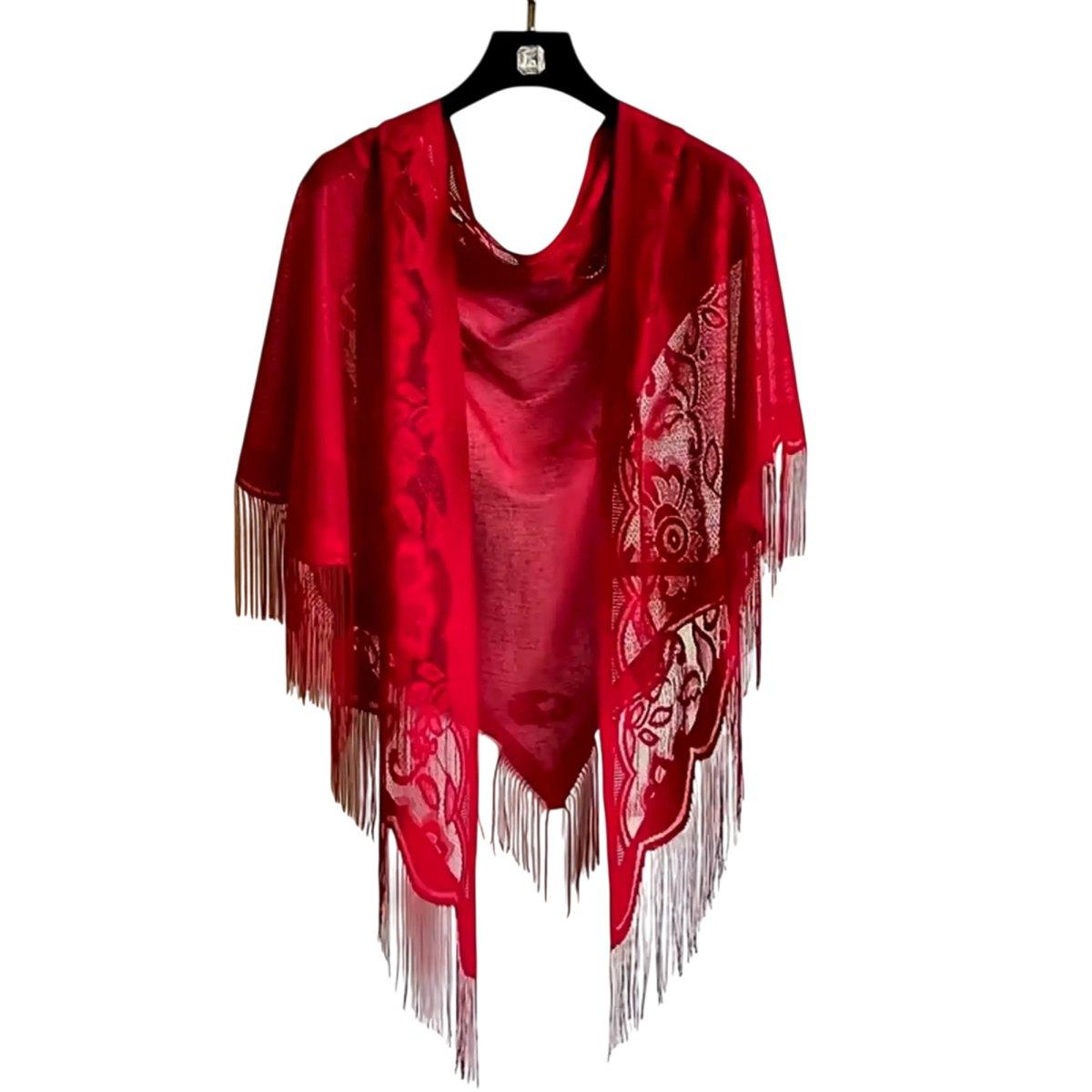 Scialle pizzo rosso frange