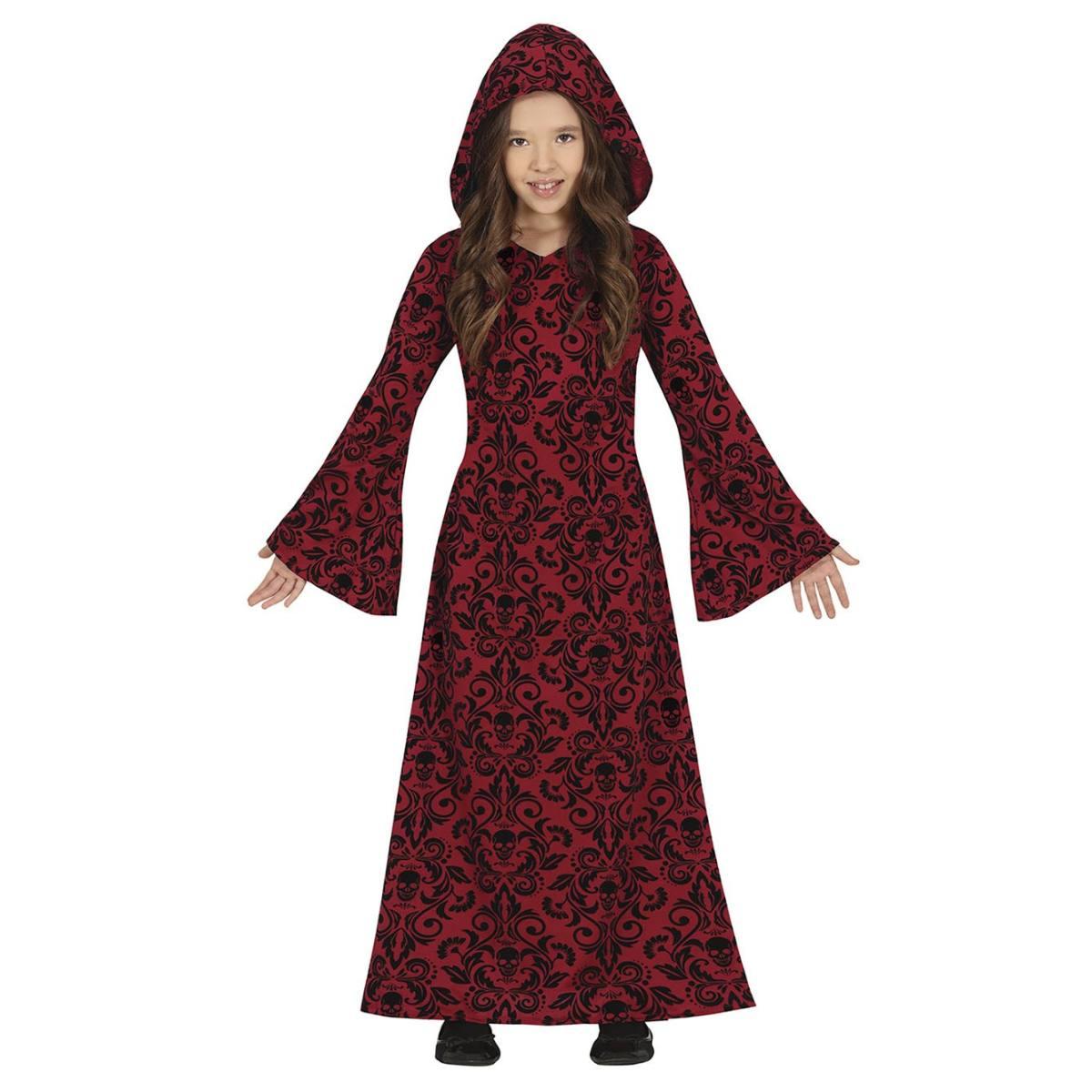 Costume strega tunica cappuccio rossa teschi