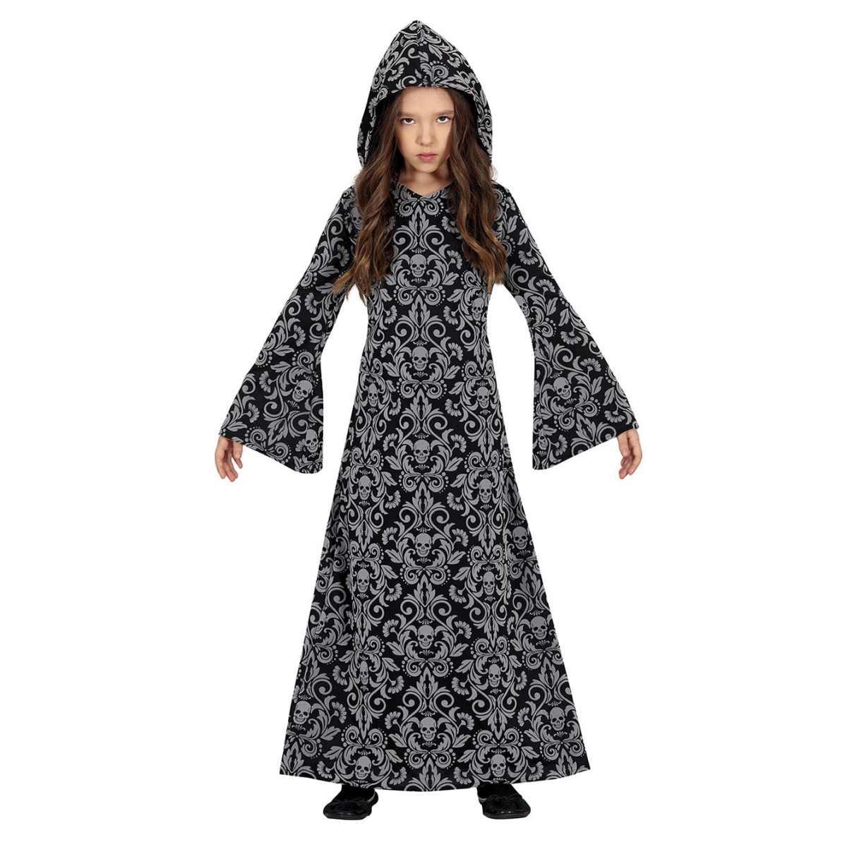 Costume strega tunica cappuccio grigia teschi