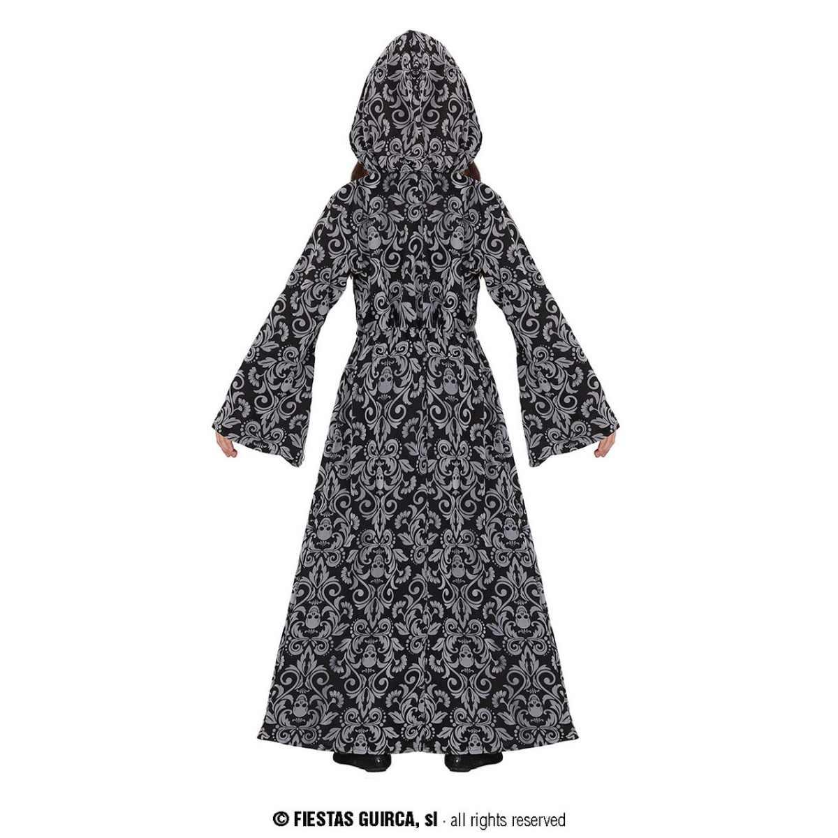Costume strega tunica cappuccio grigia teschi