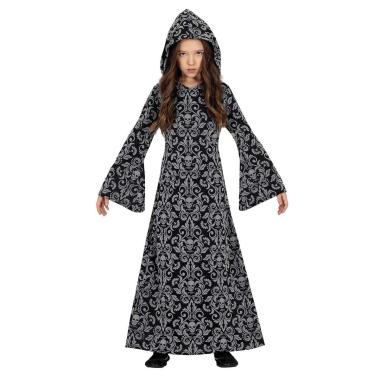 Costume strega tunica cappuccio grigia teschi