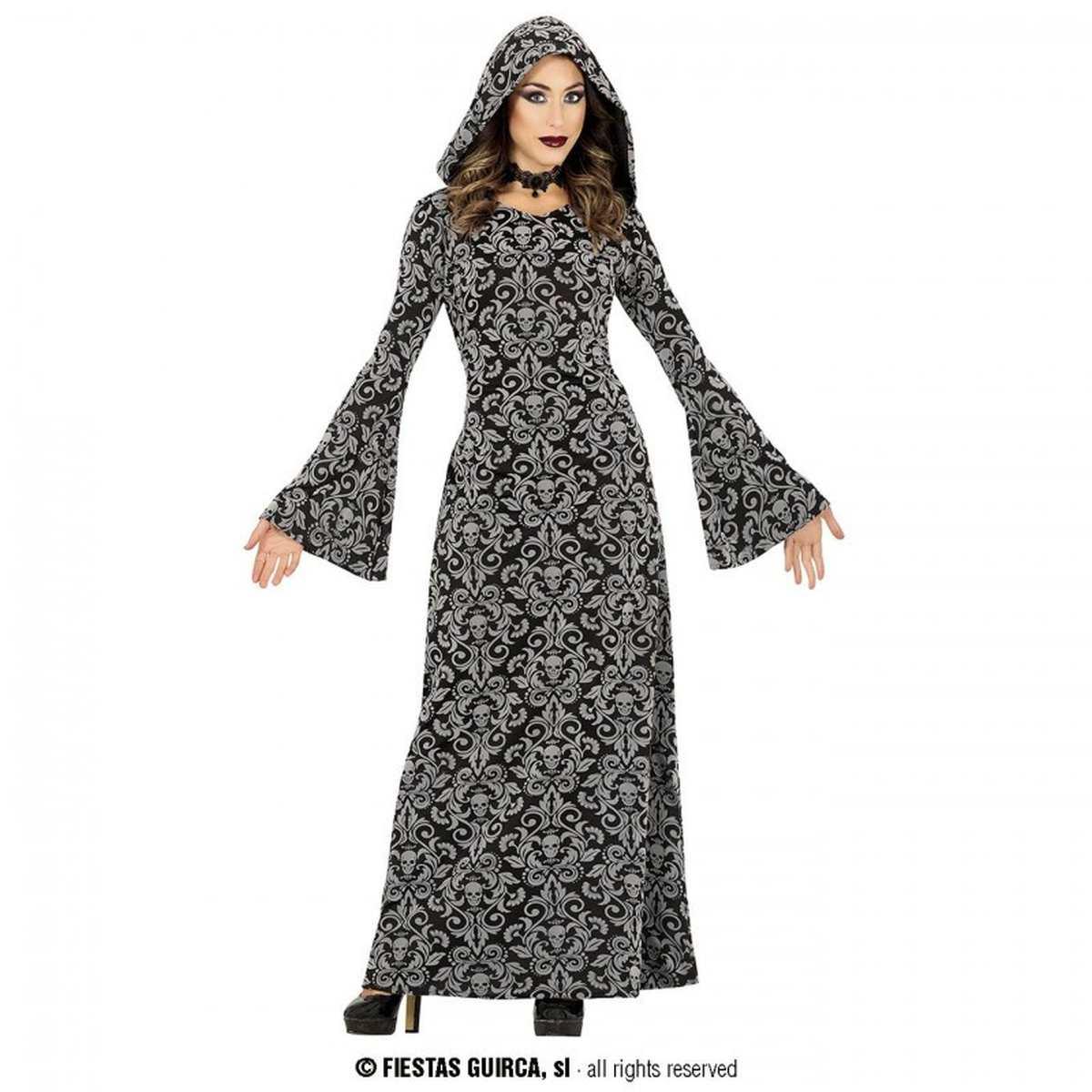 Costume strega tunica cappuccio grigia teschi