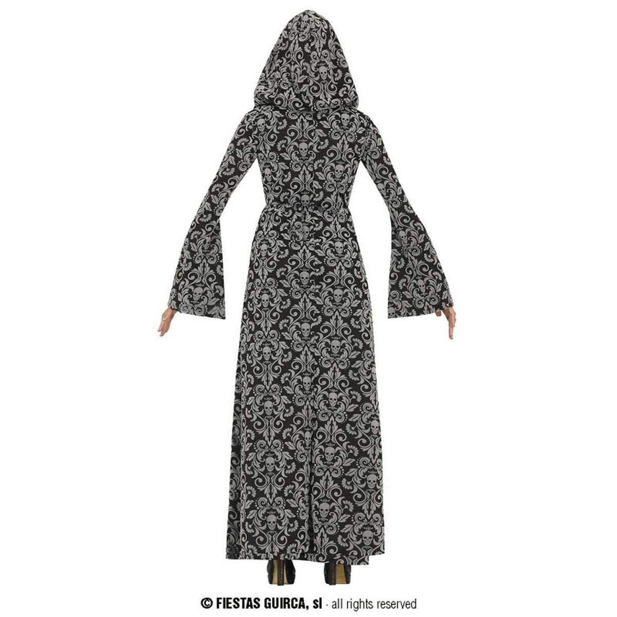 Costume strega tunica cappuccio grigia teschi