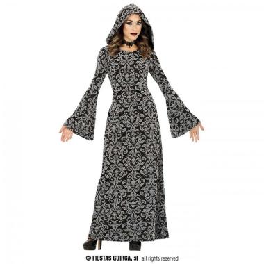 Costume strega tunica cappuccio grigia teschi