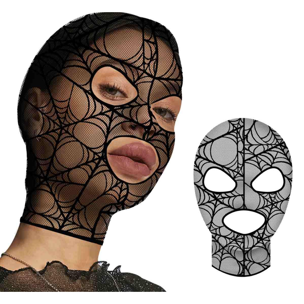 Maschera viso cappuccio tessuto ragnatela pizzo nera