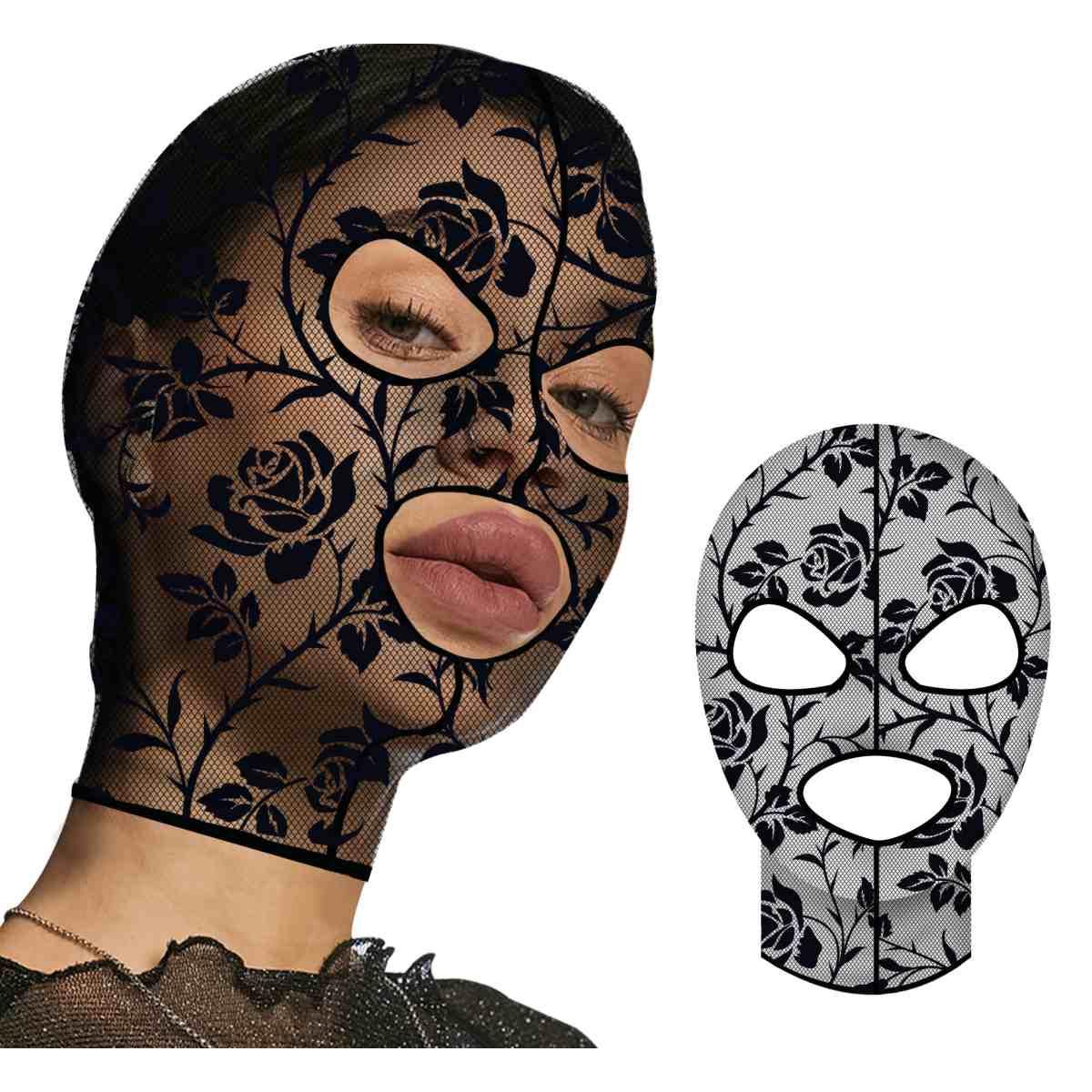 Maschera viso cappuccio tessuto fiori pizzo nera