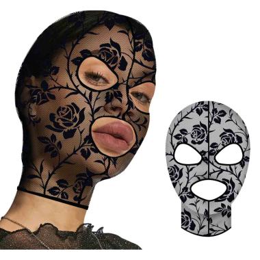 Maschera viso cappuccio tessuto fiori pizzo nera