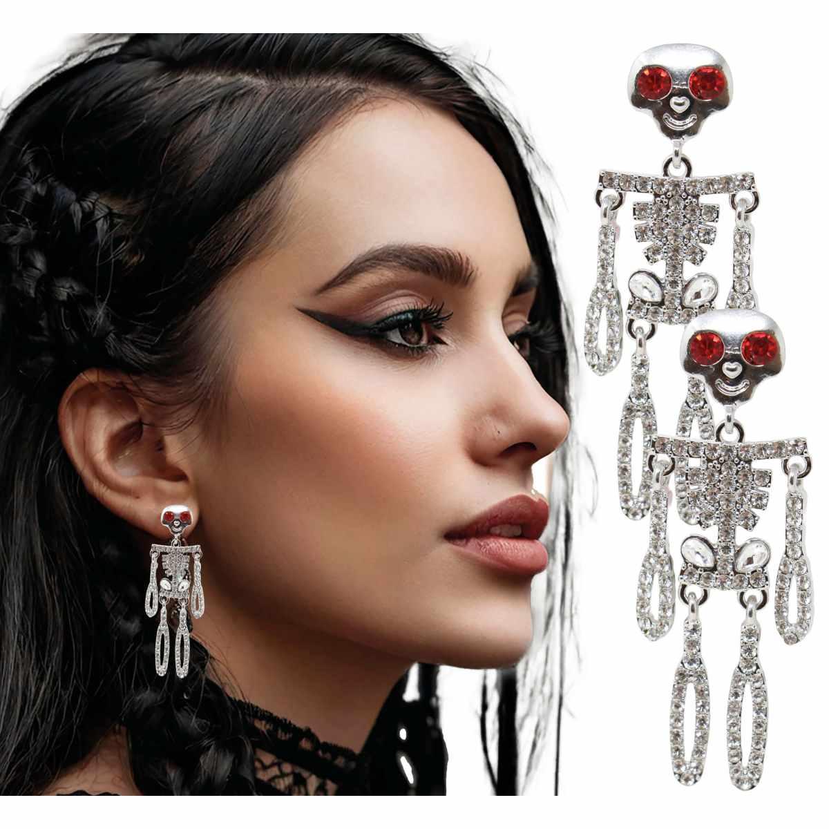 Orecchini scheletro metallo argento occhi