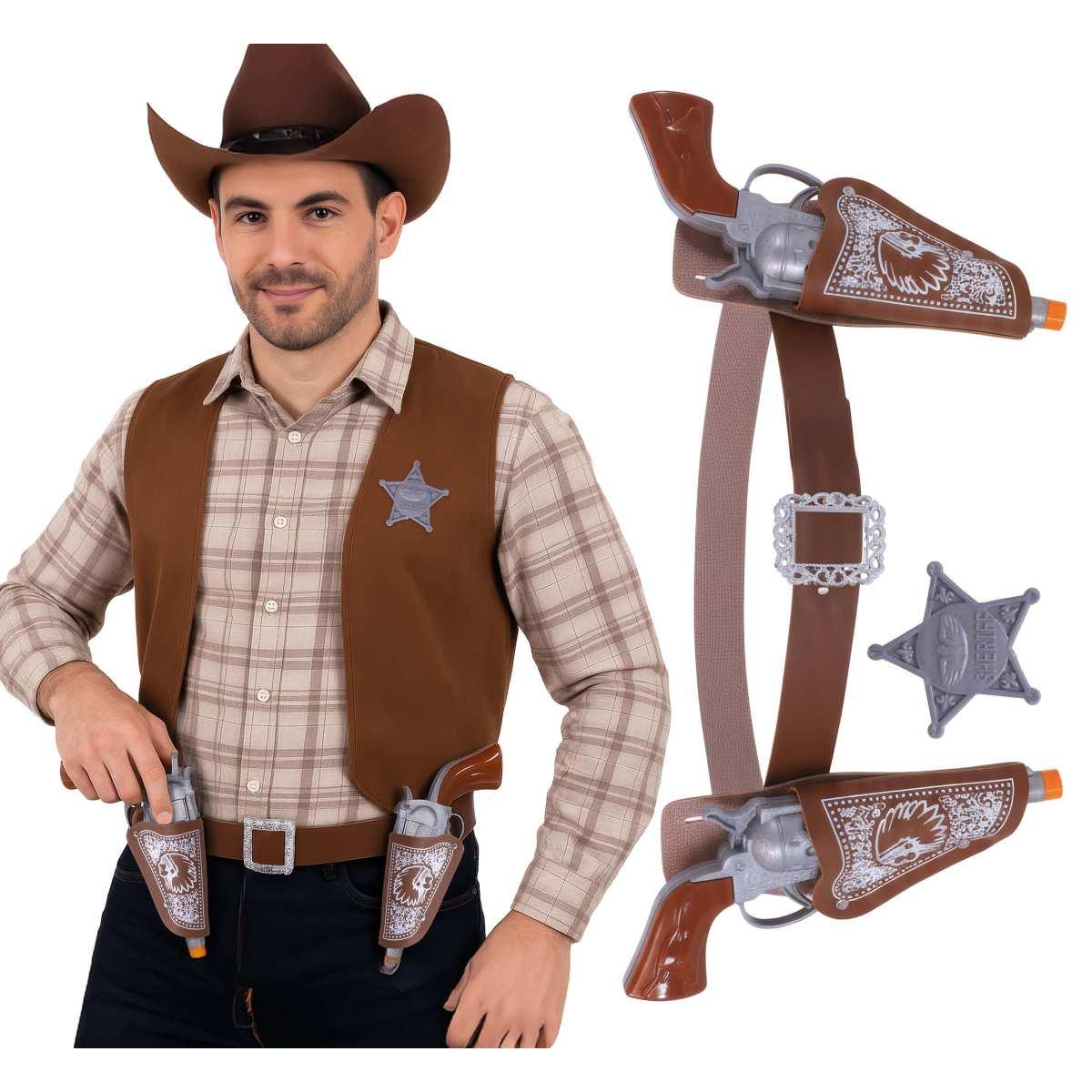 Cinturone cowboy fondina 2 posti pistole marrone