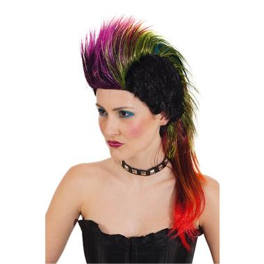 Parrucca punk rock nera liscia cresta multicolor