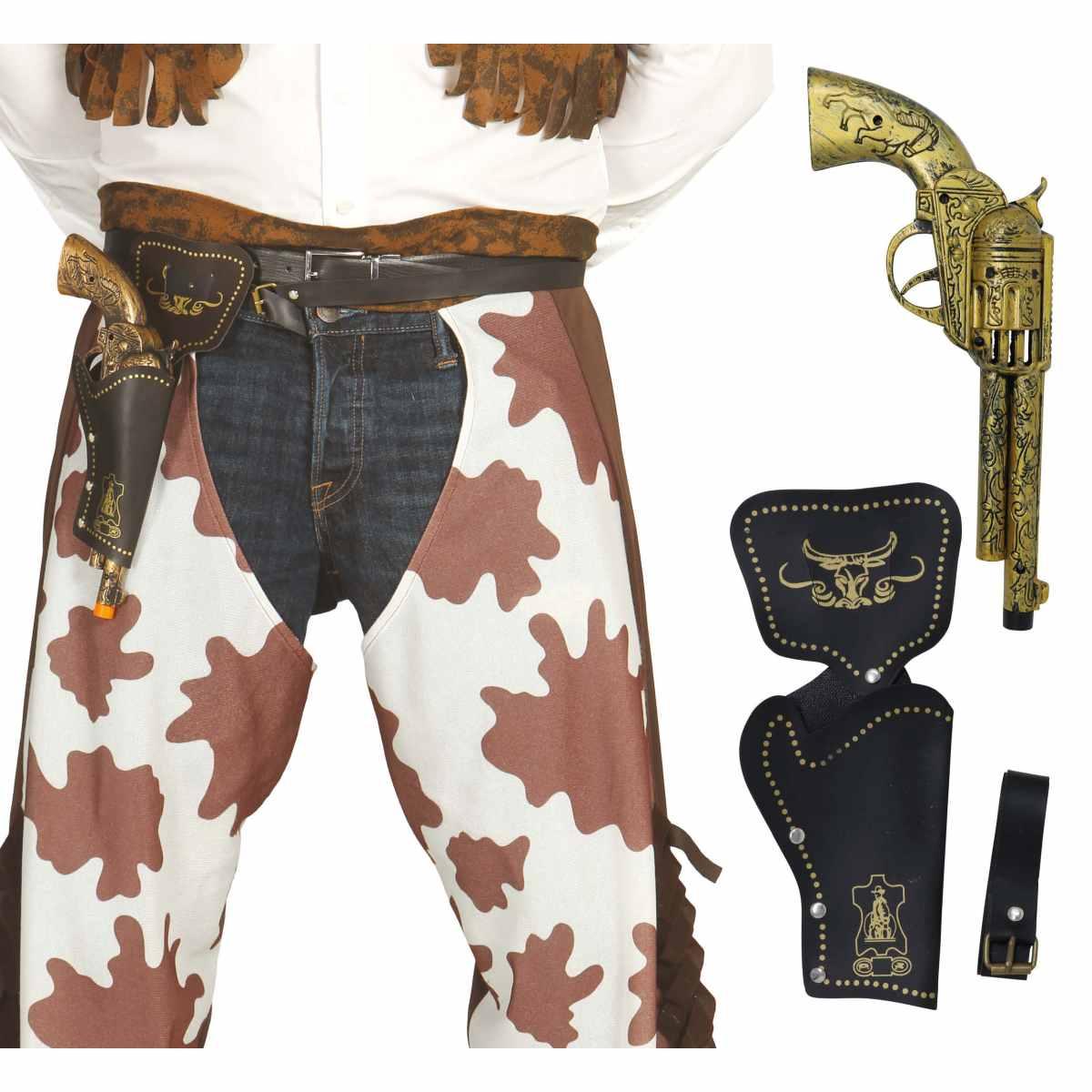 Cinturone cowboy fondina 1 posto similpelle pistola oro