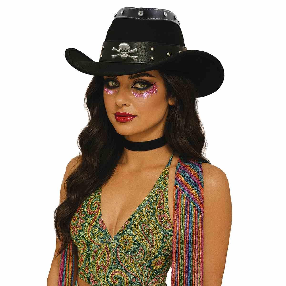 Cappello cowboy nero similpelle teschio