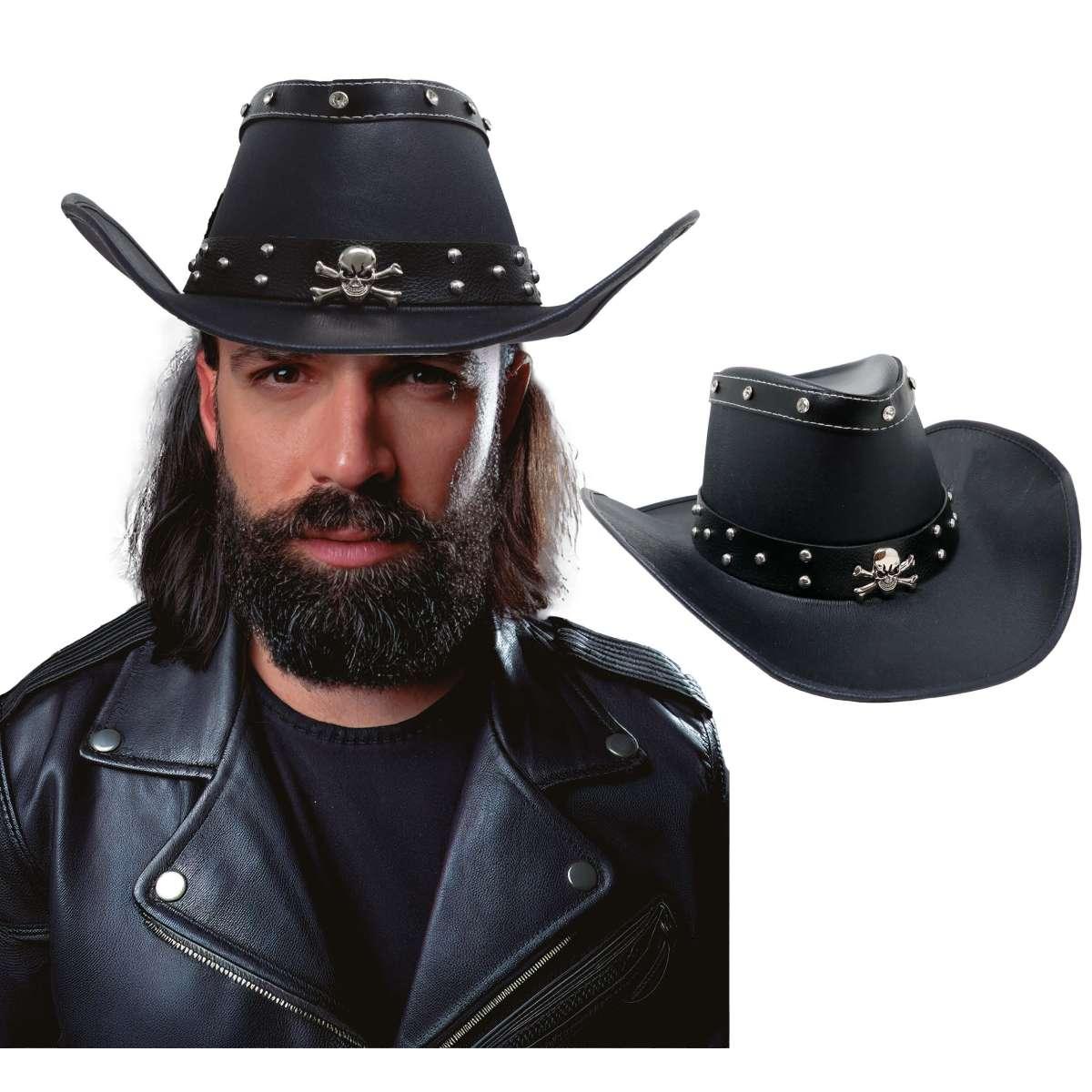 Cappello cowboy nero similpelle teschio