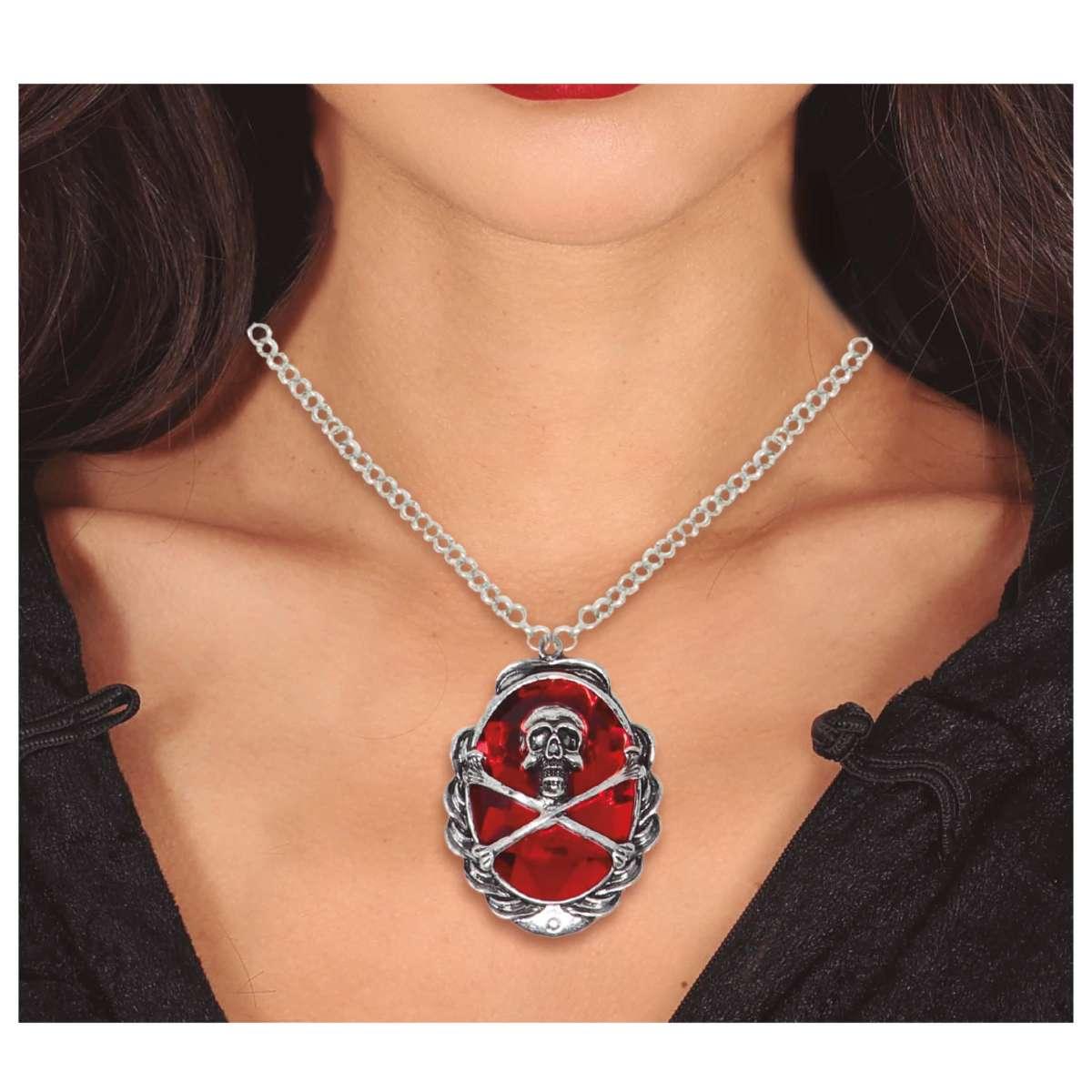 Collana pirata metallo pietra rossa teschio