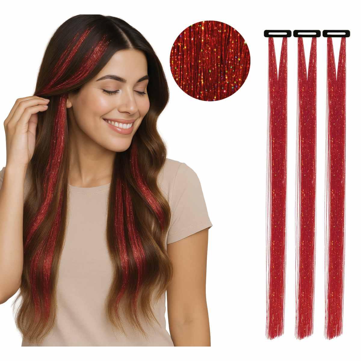 Extension capelli rosso glitter Set 3 pz