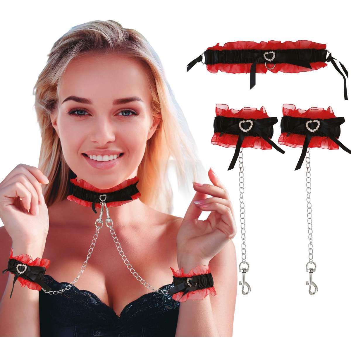 Manette pizzo nero pizzo rosso collarino catene