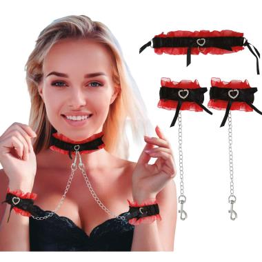 Manette pizzo nero pizzo rosso collarino catene