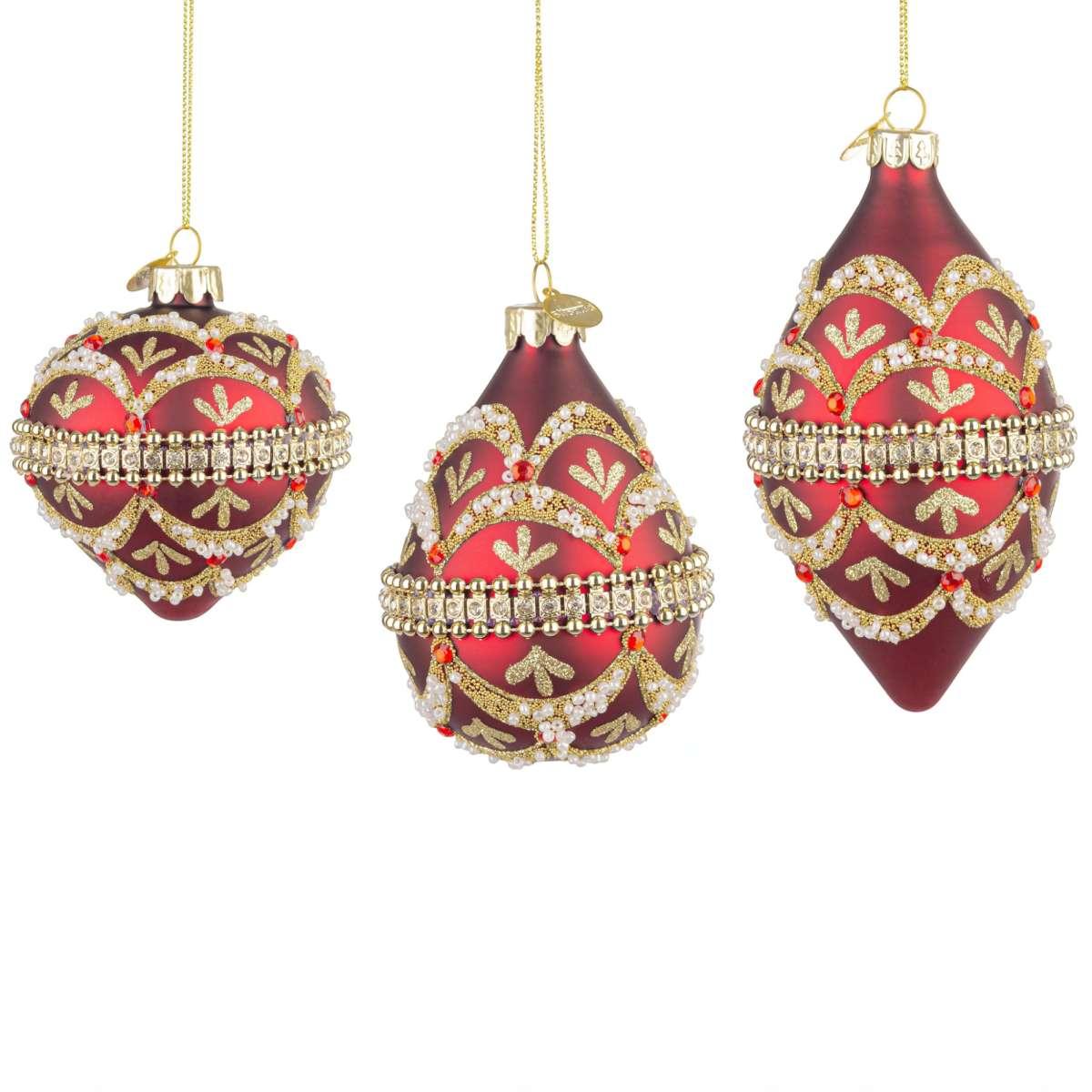 Pallina di Natale in vetro cipolla rossa glitter oro 8 cm
