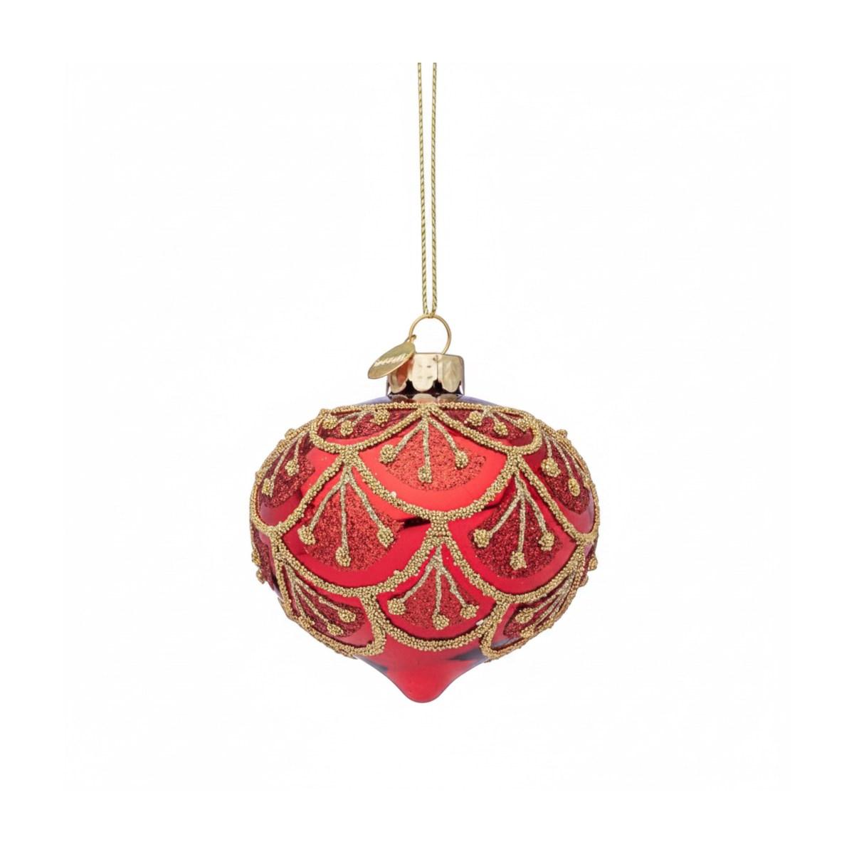 Pallina di Natale in vetro cipolla rossa glitter oro 8 cm