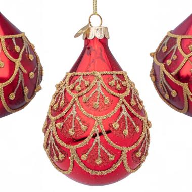 Pallina di Natale in vetro goccia rosso glitter oro 10 cm
