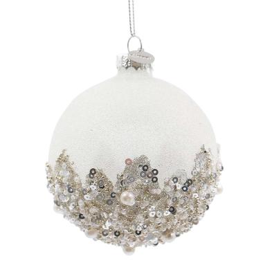 Pallina di Natale in vetro bianco opaco con perline paillettes argento 8 cm