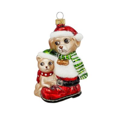 Pallina di Natale in vetro cane con gatto e stivale Natale 11 cm