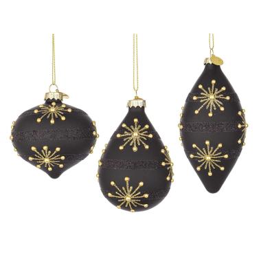 Pallina di Natale in vetro goccia nero opaco glitter oro 13 cm