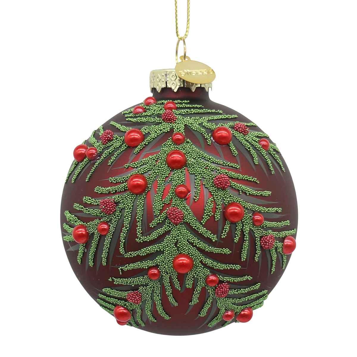 Pallina di Natale in vetro rossa con glitter verdi e perline 8 cm