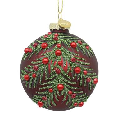 Pallina di Natale in vetro rossa con glitter verdi e perline 8 cm