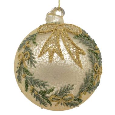 Pallina di Natale in vetro oro con decori glitter verdi 10 cm