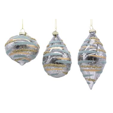 Pallina di Natale in vetro cipolla azzurra righe oro 8 cm
