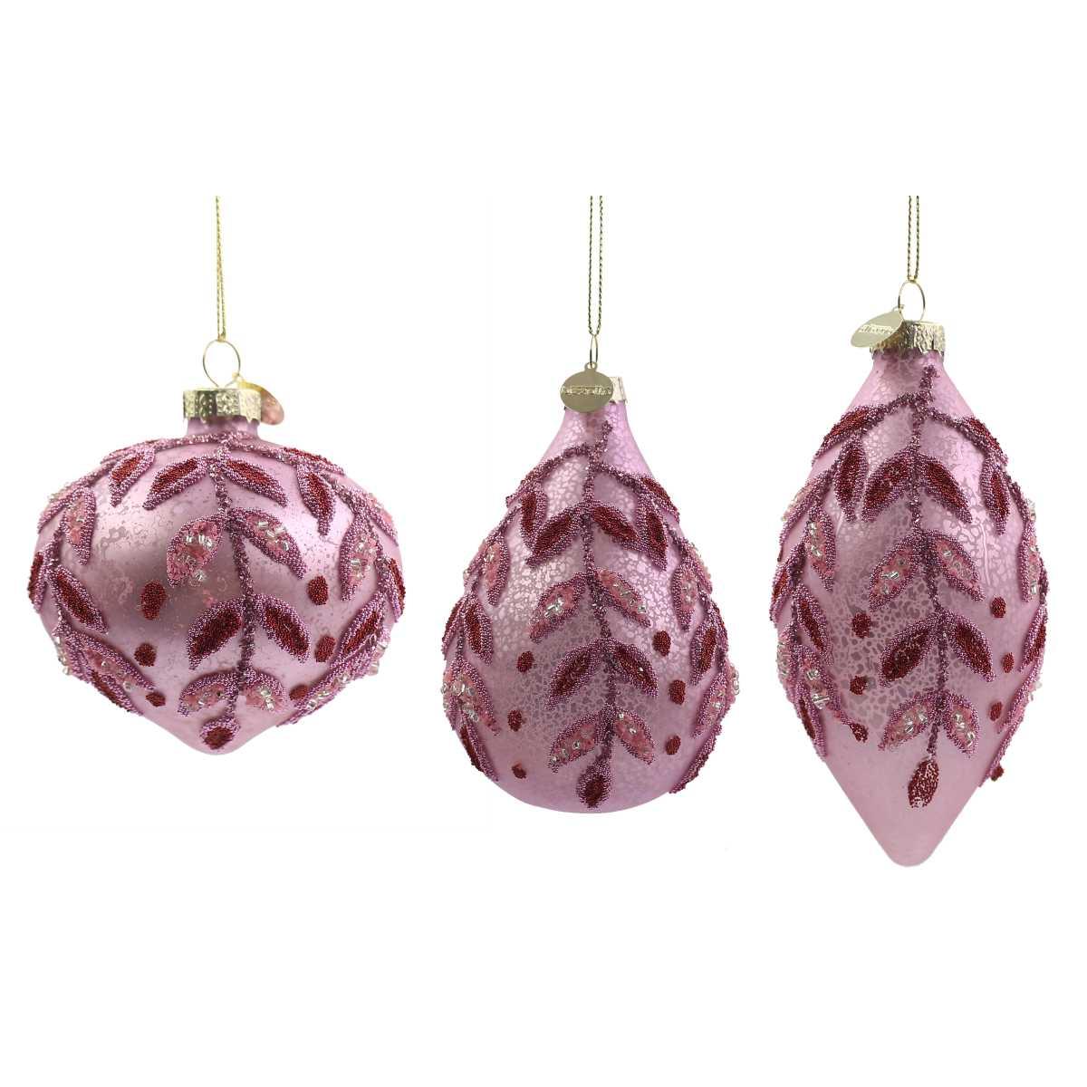 Pallina di Natale in vetro goccia rosa con decori glitter 10 cm