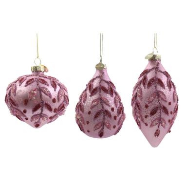 Pallina di Natale in vetro goccia rosa con decori glitter 10 cm