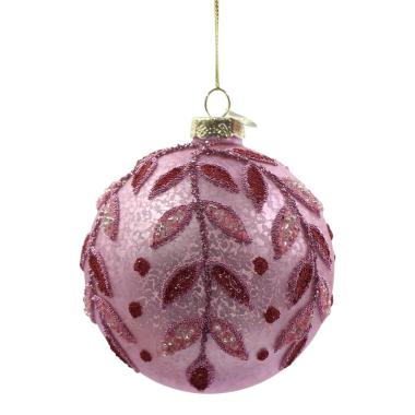 Pallina di Natale in vetro rosa con decori glitter 10 cm