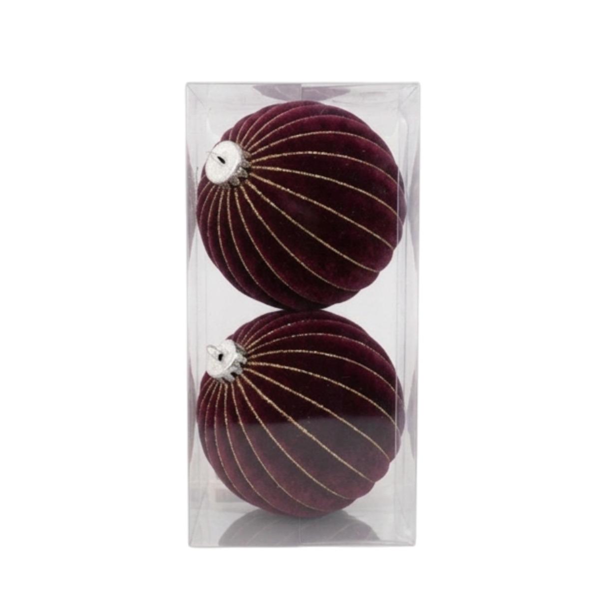 Pallina Ø 12 cm natalizia velluto bordeaux righe oro Set 2 pz