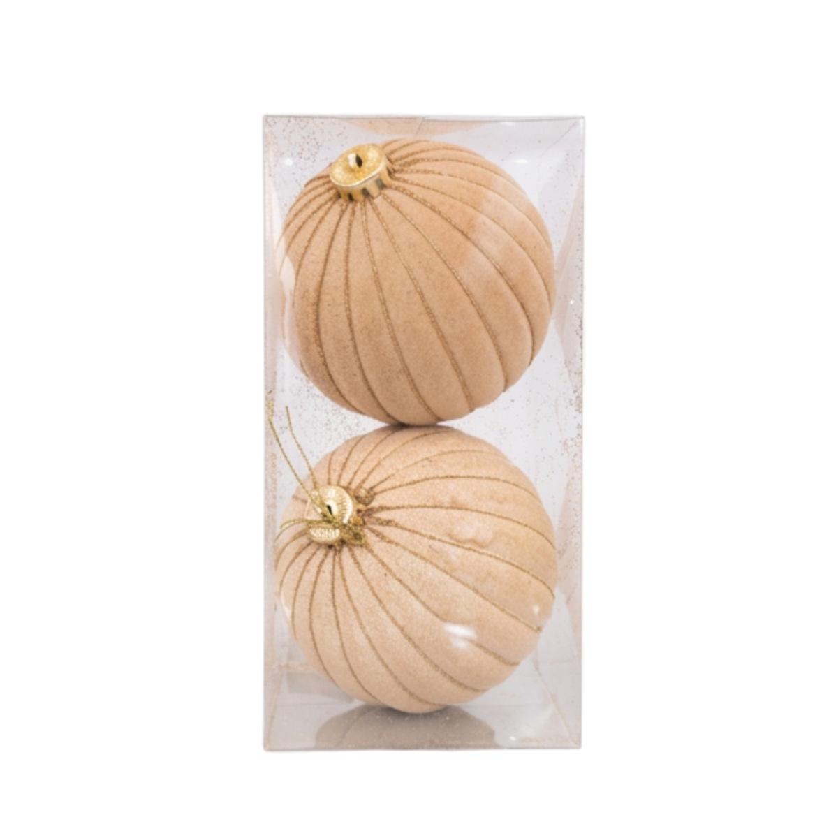 Pallina Ø 12 cm natalizia velluto beige righe oro Set 2 pz