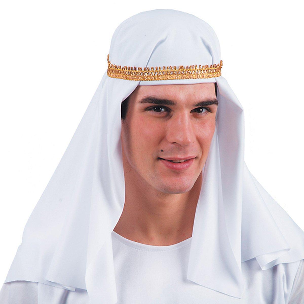 Cappello turbante arabo tessuto bianco fascia oro