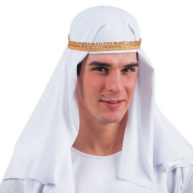 Cappello turbante arabo tessuto bianco fascia oro