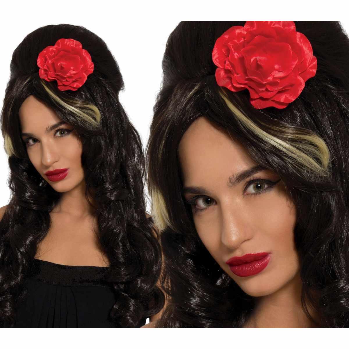 Parrucca nera pop star Amy con rosa rossa