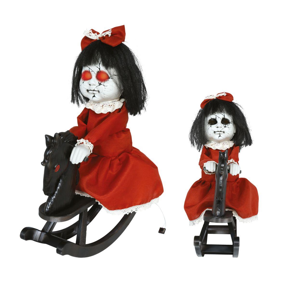 Bambola zombie su cavalluccio dondolo luci suono movimento 40 cm