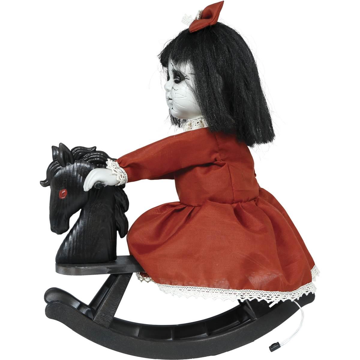 Bambola zombie su cavalluccio dondolo luci suono movimento 40 cm