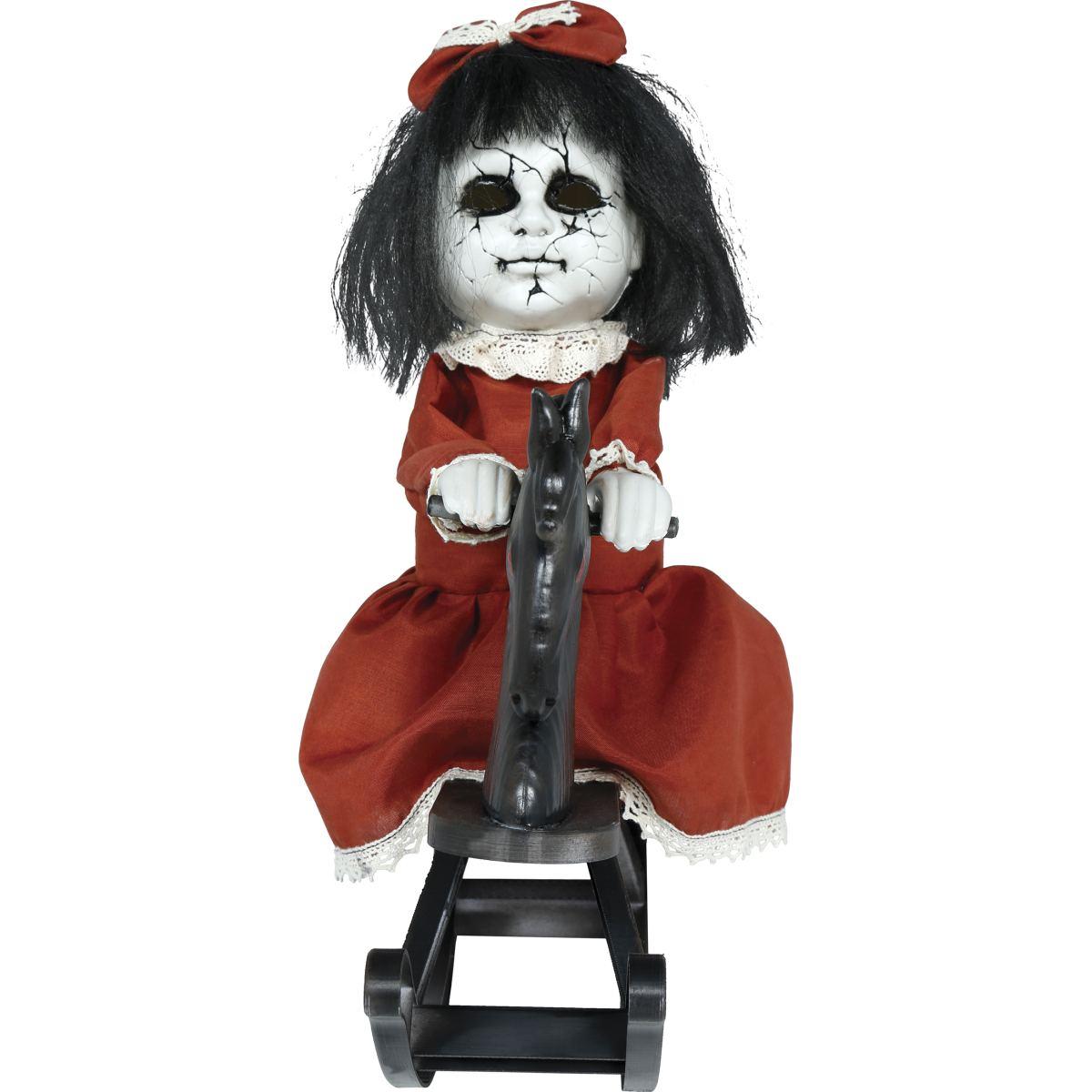 Bambola zombie su cavalluccio dondolo luci suono movimento 40 cm