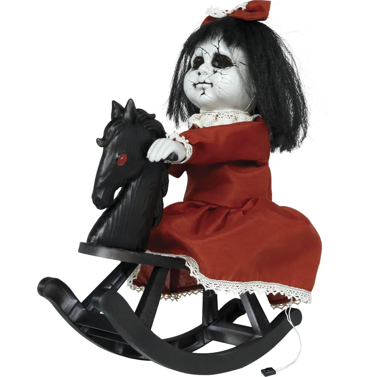 Bambola zombie su cavalluccio dondolo luci suono movimento 40 cm