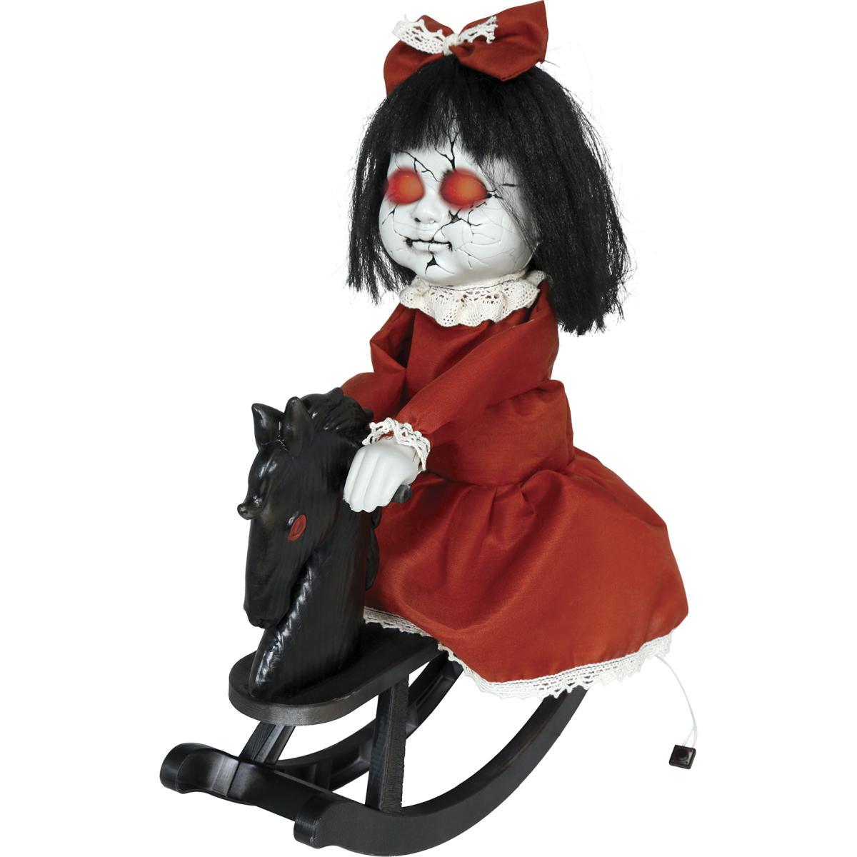 Bambola zombie su cavalluccio dondolo luci suono movimento 40 cm