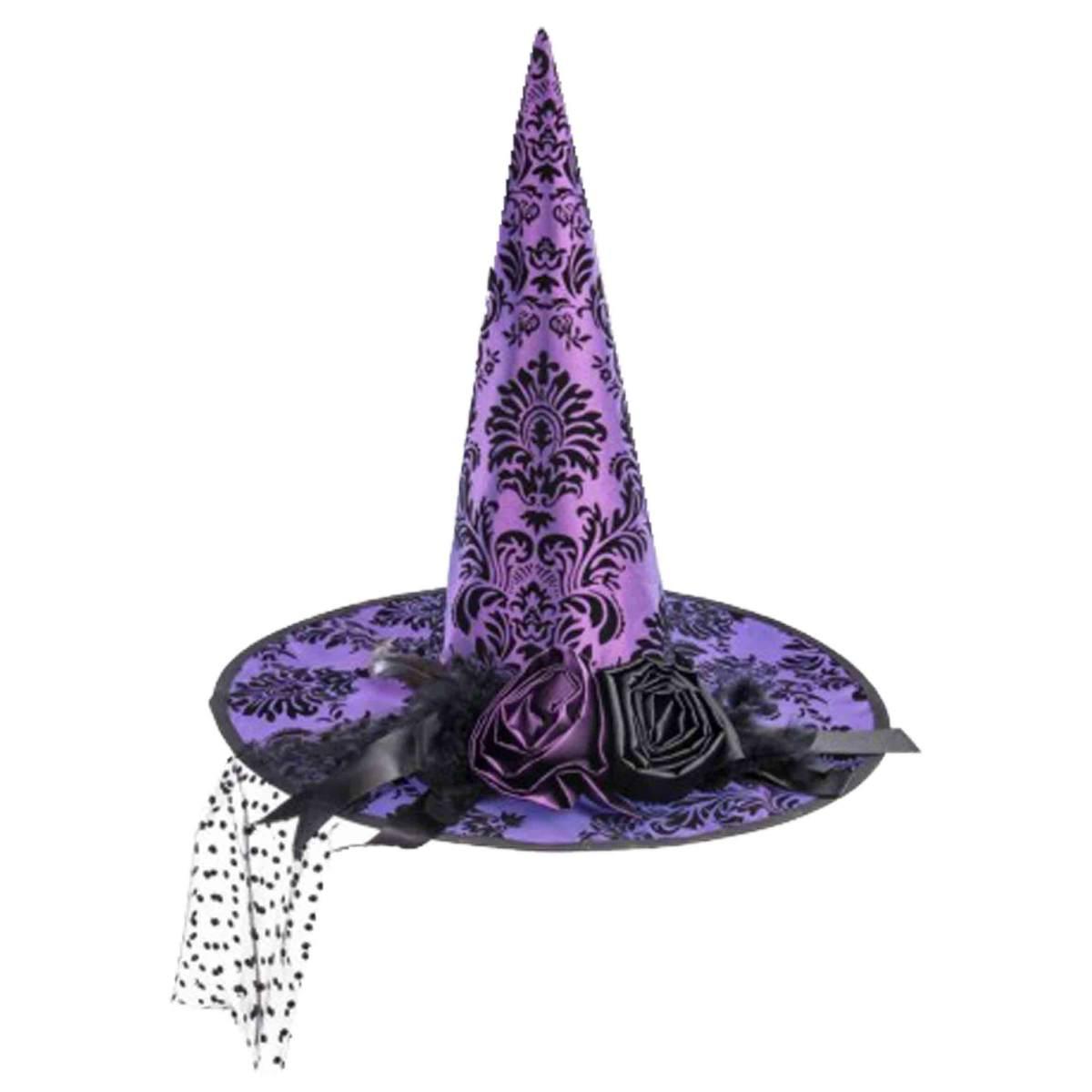 Cappello strega tessuto damascato viola velo